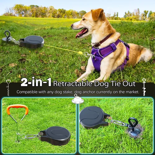 Vista 5 de Cable de amarre para perro de 30 pies y correa retráctil para perro, cable 2 en 1 para tirolesa, carro de cable o ancla, carrete de amarre retráctil
