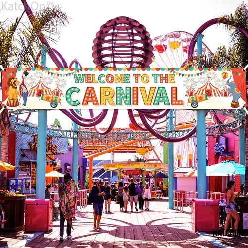 Vista 5 de Fondo de bienvenida al carnaval: 120 x 20 pulgadas, pancarta de carnaval para patio, decoraciones de fiesta temática de carnaval, juegos de carnaval