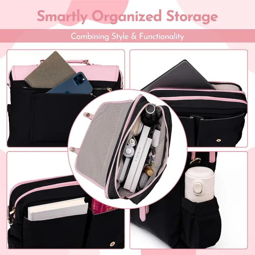 Vista 6 de Bolsa de mano para laptop para mujer, bolsa de trabajo de lona de 15.6 pulgadas con 17 bolsillos, color negro y beige, elegante, duradera y ligera