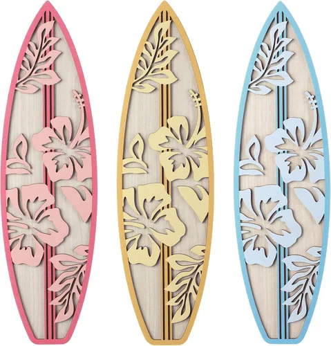 Vista 10 de RattanView 3 piezas de decoración de tabla de surf para dormitorio, decoración de pared de playa de madera, tabla de surf de madera de verano