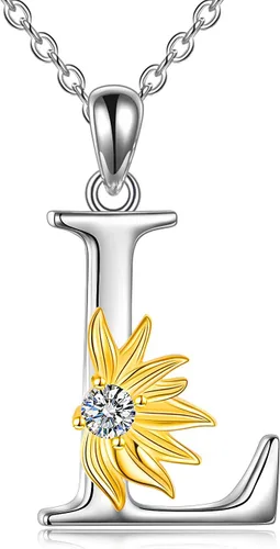 Vista 7 de POPLYKE Collar de girasol con inicial para mujer, plata de ley 925, colgante de girasol, cadena con dije de letra inicial