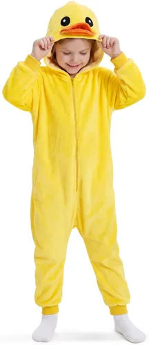 Vista 2 de Disfraz de pato amarillo para niñas y niños, overol de animal con capucha 3D para fiesta de Halloween