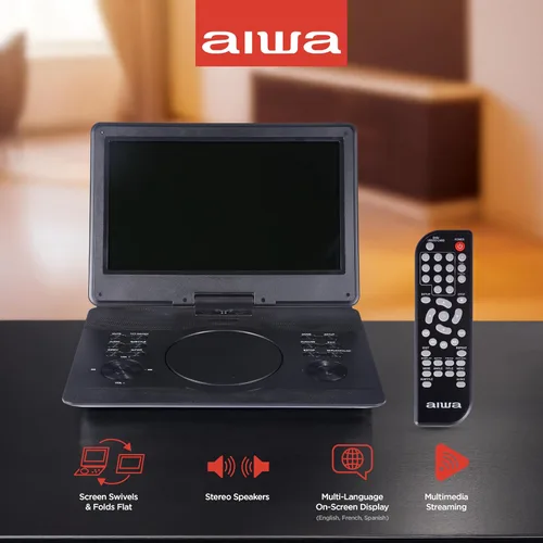 Vista 2 de Aiwa - 14" Portable Media Player Travel Kit, DVD & CD Player Portable with Swiveling Screen, Built-in Stereo Speakers, HDMI Input, Remote Black