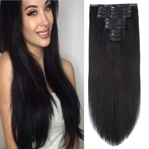 Vista 18 de Extensiones de cabello humano con clip de 14 pulgadas, 4.33 oz, 7 piezas, 16 clips, color marrón chocolate, doble trama, extensiones de cabello Remy