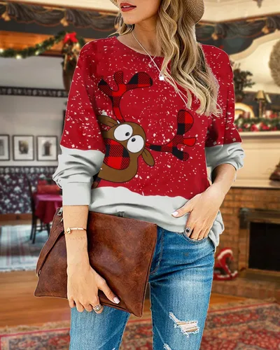 Vista 2 de LUKYCILD Sudadera fea de Navidad para mujer, diseño de reno, muñeco de nieve, cuello redondo, manga larga, sin botones