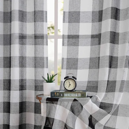 Vista 6 de Cortinas cortas de cuadros de búfalo en blanco y negro, de 63 pulgadas de largo, con paneles para ventana, estilo granja, para sala de estar