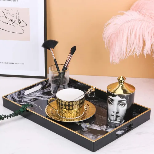 Vista 7 de Bandeja decorativa, bandeja de plástico de mármol con asas, bandeja rectangular de tocador y bandeja de servir para baño, cocina, otomana y mesa