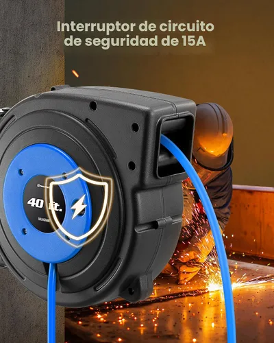 Vista 7 de DEWENWILS Carrete de Cable de Servicio Pesado, Cable de Extensión de Alimentación Retráctil de 40 Pies, 12AWG/3C SJTOW, 3 Tomas Triples Iluminadas