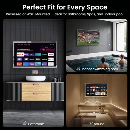 Vista 12 de Haocrown - Espejo de baño inteligente 4K Ultra HD de 32 pulgadas, IP66 impermeable, sistema operativo Android 13, control remoto de voz