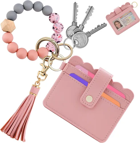Vista 34 de Cartera de pulsera para mujer con llavero – Tarjetero RFID pequeña cartera con llavero Beige