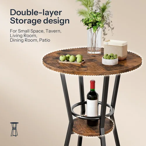 Vista 7 de HOOBRO Mesa redonda de bar, mesa de bar de 2 niveles con soporte para copas de vino, mesa de cóctel industrial, para espacios pequeños, taberna
