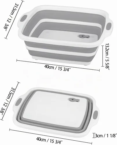 Vista 2 de Tabla de cortar que ahorra espacio, tina plegable con orificio de drenaje, tabla de cortar plegable con colador, fregadero de campamento Blanco/Gris