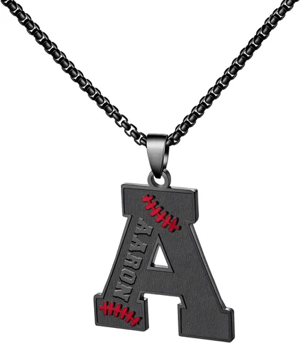 Vista 59 de Ldurian Collar personalizado con nombre de béisbol, cadena negra de acero inoxidable, collar con nombre deportivo, letra A-Z de 24 pulgadas, regalos