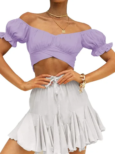 Vista 6 de FMEYOA Blusa de manga larga con hombros descubiertos para mujer, con lazo en la espalda