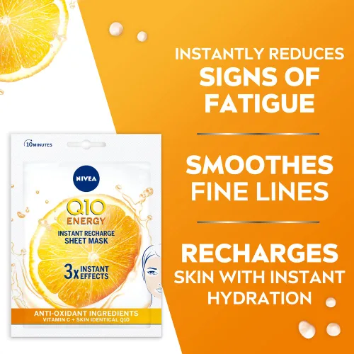 Vista 2 de NIVEA Q10 + C Power - Máscara antiarrugas + hoja energética (1 pieza), máscara hidratante antienvejecimiento con vitamina C, máscara facial
