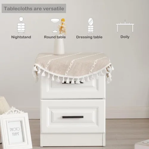 Vista 5 de Mantel redondo rústico pequeño lavable a rayas jacquard de lino resistente estilo granja con borlas para cocina, comedor, fiesta, decoración de Café