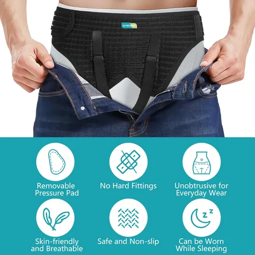 Vista 7 de Cinturones de hernia para hombres, braguero de soporte de hernia para aliviar el dolor de ingle, cinturón de apoyo inguinal ajustable para hernia