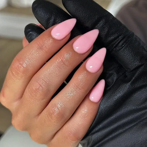 Vista 2 de Uñas postizas de presión con forma de almendra rosa de longitud media estilo stiletto, uñas artificiales de gel suave reutilizables acrílicas