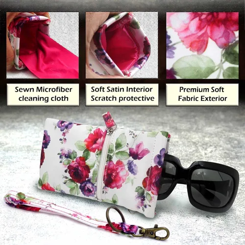 Vista 3 de Bolsa suave para lentes de sol, soporte extra grande para anteojos con soporte para gafas con cordón de muñeca y paño de limpieza