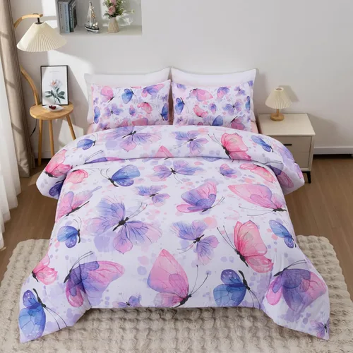 Vista 11 de Btargot Juego de edredón de 3 piezas con diseño de mariposas para niños, juego de cama con estampado de flores coloridas para mujeres y niñas
