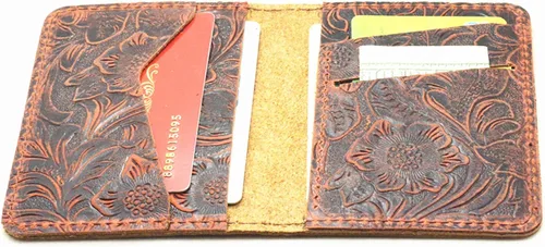 Vista 2 de JJNUSA Cartera de cuero minimalista hecha a mano para hombre, tarjetero, carteras desgastadas para regalos, Flor café., Minimalista