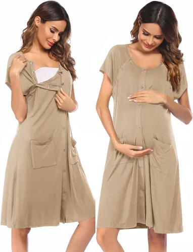 Vista 11 de Ekouaer - Vestido de maternidad 3 en 1 para trabajo de parto/hospital, camisón de lactancia, ropa de dormir para amamantar con botones S-XXL A-Negro