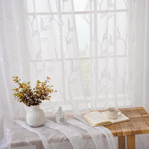 Vista 10 de VISIONTEX 2 paneles de cortinas traslúcidas de 63 in de largo, cortinas de gasa semitransparentes bordadas con hojas florales beige, bolsillo