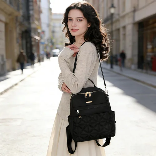 Vista 2 de Bolso tipo mochila para mujer, impermeable, Oxford, casual, bolso de mano de moda con múltiples bolsillos para el trabajo, viajes, uso diario (beige)