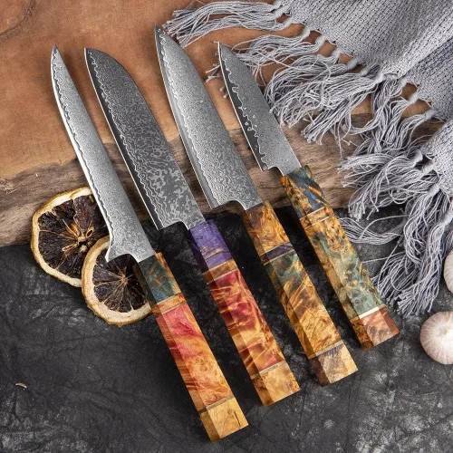 Vista 4 de ZZYY - Juego de 9 cuchillos japoneses de acero de Damasco con mango de madera solidificada, cuchillos Nakiri, cuchillo de chef Santoku, cuchillo