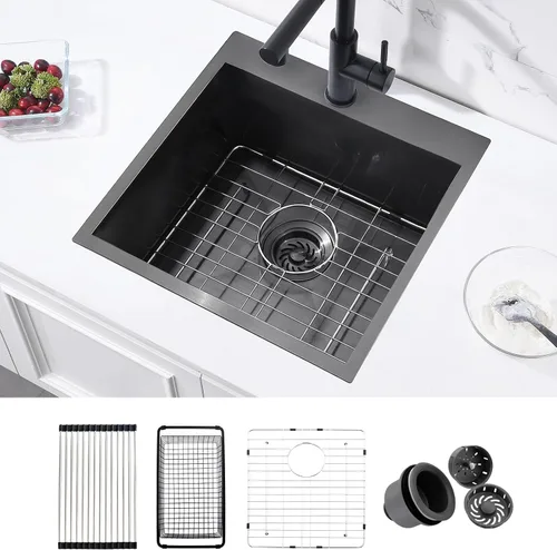 Vista 10 de Fregadero de barra negra de 15 pulgadas, 15 x 18 x 10 pulgadas, calibre 16, T304, de acero inoxidable negro, pequeño, fregadero de cocina, montaje