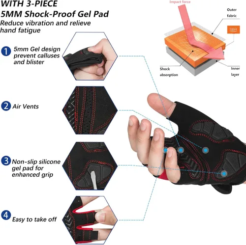 Vista 2 de MOREOK Guantes de ciclismo para hombresmujeres-almohadilla de gel de 0.197 in Guantes de ciclismo de medio dedo para ciclismo, levantamiento