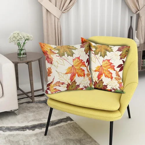 Vista 6 de Juego de 2 fundas de almohada de hojas de otoño, 18 x 18 pulgadas, juego de 2 fundas de almohada de lino y algodón cuadrado naranja claro