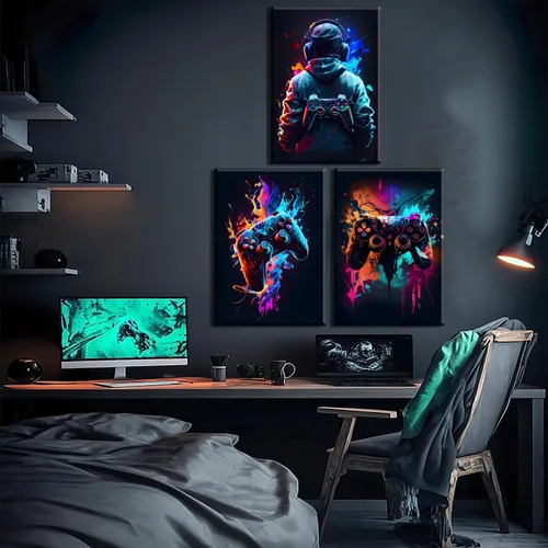 Vista 3 de 3 piezas de arte de pared de videojuegos geniales retro acuarela pósters cuadros coloridos neón gamepad lienzo pintura impresiones para habitación