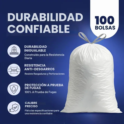 Vista 4 de Plasticplace Bolsas de basura de 5 galones – Forro blanco para bolsas de basura con cordón, 19 x 25 pulgadas (100 unidades) – Duraderas, a prueba