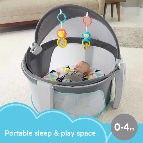 Vista 2 de Fisher-Price Moisés Portátil On-The-Go Baby Dome, Espacio de Juego de Viaje con Juguetes de Desarrollo para Recién Nacidos y Toldo, Windmill