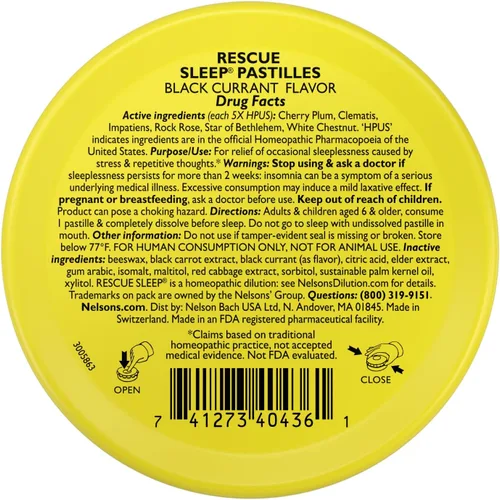 Vista 2 de RESCUE Bach Sleep PASTILLES, sabor grosella negra, pastillas para ayudar al sueño, sin melatonina, homeopática, esencias florales, 35