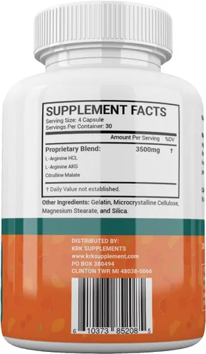 Vista 5 de KRK SUPPLEMENTS 2 botellas complejo de óxido nítrico 3500 mg por porción L-arginina HCL AAKG AKG alfa cetoglutarato citrulina malato 240 cápsulas