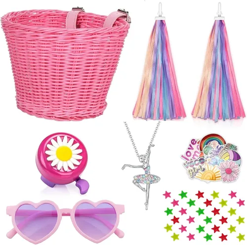 Vista 12 de Cesta de bicicleta para manillar para niñas con collar de unicornio, campana, serpentinas, cuentas de rueda, lentes de sol, calcomanías, juego