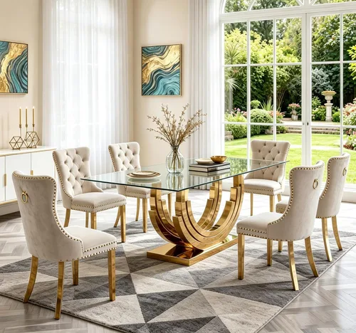 Vista 41 de SSLine Mesa de comedor de cristal dorado de 70 pulgadas para 4-6, base de Mesa de oro floral