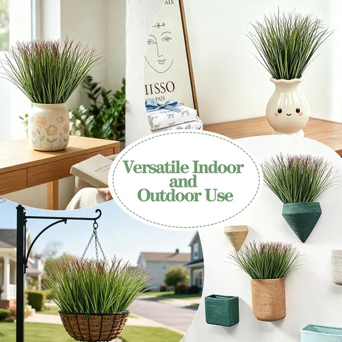Vista 7 de FOIMAS 24 plantas de césped artificial, 9.84 pulgadas, arbustos sintéticos, tallos verdes de trigo, plantas falsas para decoración del hogar