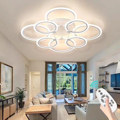 Vista 16 de Lámpara de techo LED, lámpara de techo moderna de 6 anillos, 77 W regulable 3000K a 6500K, luz de techo blanca con control remoto para sala