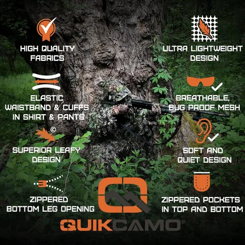 Vista 4 de QuikCamo Mossy Oak 3D Leafy Camo Ghillie Suit - Breathable Quiet Mesh, Snaps and Zippered Pockets for Turkey Hunting