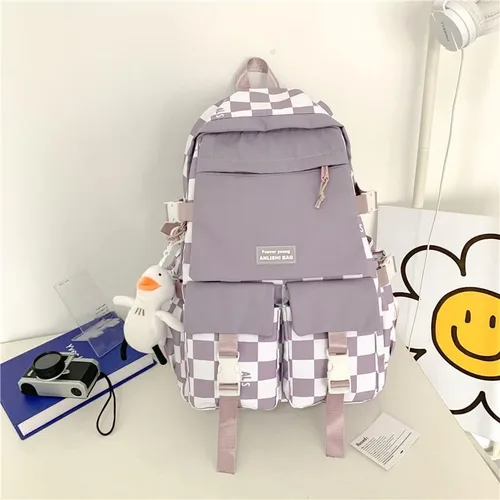Vista 2 de Mochila kawaii mochila escolar estudiante mochila de gran capacidad a cuadros en blanco y negro mochila campus linda para niñas, Púrpura, Classic