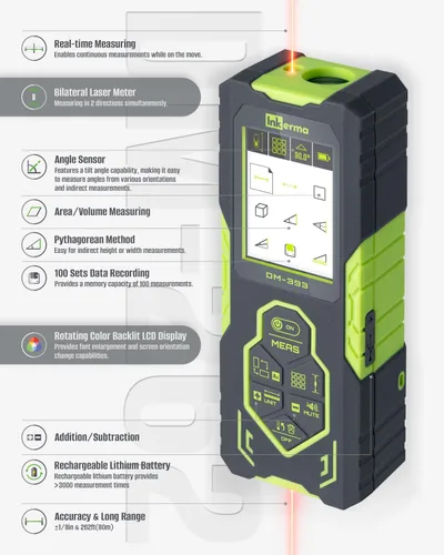 Vista 10 de Laser Measurement Tool, Inkerma Bilateral Laser Distance Meter,Rechargeable Laser Measure with Color Backlit LCD Display, Angle Sensor, Pythagorean