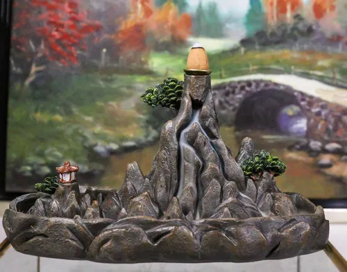 Vista 7 de Ebros Gift Feng Shui Zen Tranquilidad Escena de cordillera rocosa con Pagoda budista asiática Torre del templo con árboles y vegetaciones Humo