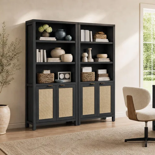 Vista 9 de SICOTAS Estantería de ratán de 5 niveles con puertas para biblioteca Roble negro
