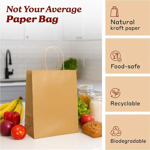 Vista 4 de PTP Bags Bolsas de papel kraft de 8 x 4.75 x 10.5 pulgadas, bolsa reciclable de 3.53 oz/m² con asas reforzadas para regalos de boutique, compras al
