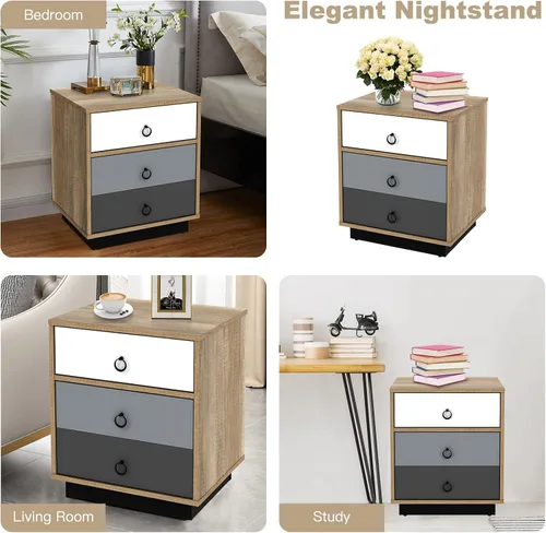Vista 7 de Giantex Mesita de noche, mesa auxiliar con cajón y armario de almacenamiento, mesita de noche con gran capacidad, mesa auxiliar con asas anulares