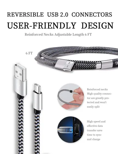 Vista 4 de Teeind Cable USB tipo C de carga rápida, Tpc001, paquete de 5 (6 pies 3 A), cables de carga C trenzados compatibles con Samsung S10e/note