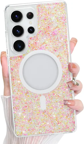Vista 28 de Bonoma - Funda compatible con Samsung Galaxy S21 Plus, diseño de corazón con purpurina, color rosa Support for MagSafe, Plating Magnetic Case TPU
